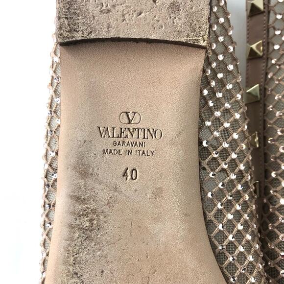Valentino Rockstud Crystals Mesh Rose Cannelle Calfskin Ballerina Flats 40 - Picture 12 of 12